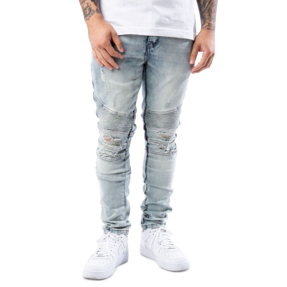 Fbrk Maverick Moto Shirred Panel Jeans Light Blue Distressed Casual Mens Size 30
